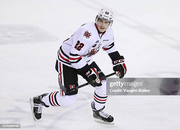 Ryan Mantha of the Niagara IceDogs skates during an OHL game between the Belleville Bulls and the Niagara IceDogs at the Meridian Centre on November...