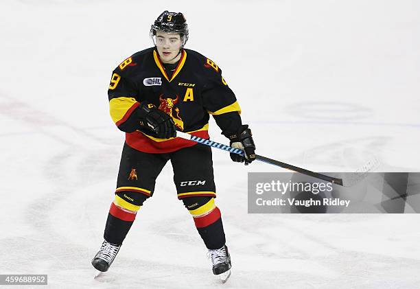 Brett Gustavsen of the Belleville Bulls skates during an OHL game between the Belleville Bulls and the Niagara IceDogs at the Meridian Centre on...