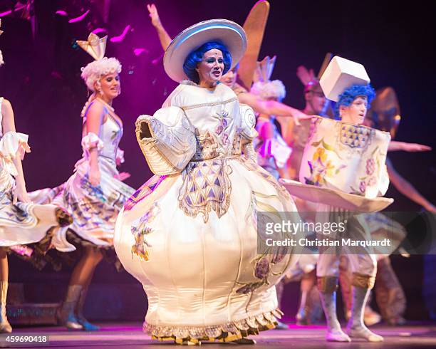 Actress Nikolett Fueredi performs on stage during a rehearsal for the musical 'Beauty and the Beast' at Admiralspalast on November 28, 2014 in...