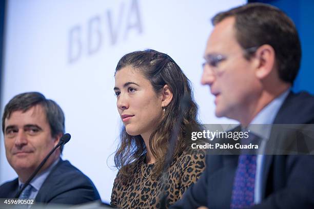 Miguel Cardenal, Garbine Muguruza and Ignacio Moliner attend a press conference as she is announced as the BBVA ambassador on November 28, 2014 in...