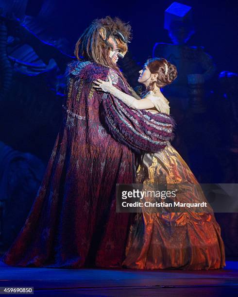 Actress Kitti Jenes performs with partner on stage during a rehearsal for the musical 'Beauty and the Beast' at Admiralspalast on November 28, 2014...
