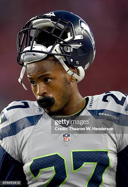 Tharold Simon of the Seattle Seahawks looks on during pregame warm ups prior to playing the San Francisco 49ers at Levi's Stadium on November 27,...