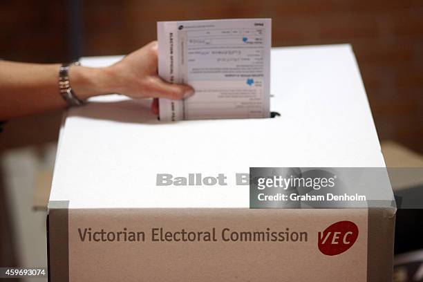 Member of the public votes in the Victorian State Election at the Caulfield District voting centre on November 29, 2014 in Melbourne, Australia.