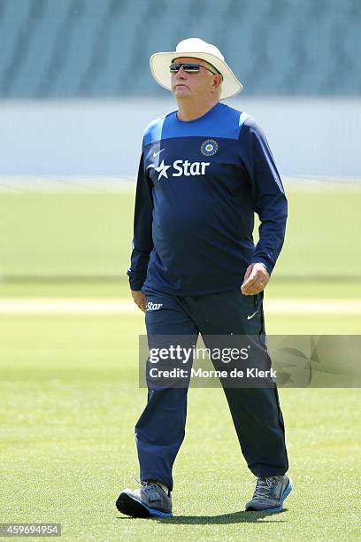 Duncan Fletcher of India looks on during an India training session at Adelaide Oval on November 29, 2014 in Adelaide, Australia.