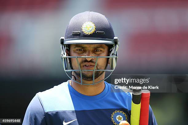 Suresh Raina of India looks on during an India training session at Adelaide Oval on November 29, 2014 in Adelaide, Australia.