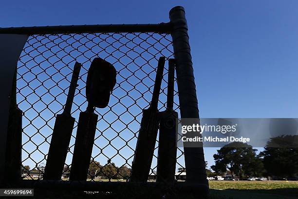 Cricketers bats rest against the fence near the Crib Point clubrooms in respect for Phillip Hughes before a 1st grade match between Crib Point v Rye...