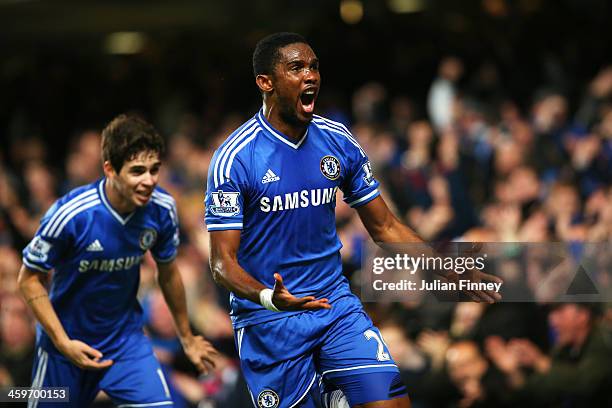 Samuel Eto'o of Chelsea celebrates after scoring his team's second goal during the Barclays Premier League match between Chelsea and Liverpool at...