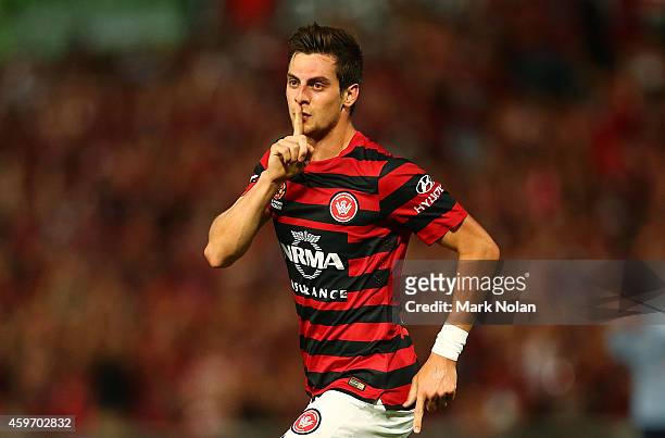 Tomi Juric of the Wanderers celebrates scoring a goal during the round eight A-League match between Western Sydney Wanderers and Sydney FC at Pirtek...