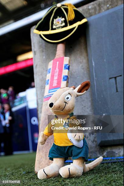 Cricket bat and Australian mascot Wally the Wallaby are placed at the entrance to the field in memory of Australian cricketer Phillip Hughes prior to...