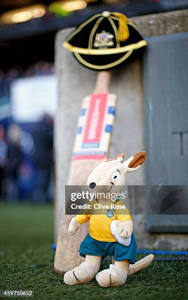 Cricket bats and Australian mascot Wally the Wallaby are placed at the entrance to the field in memory of Australian cricketer Phillip Hughes prior...