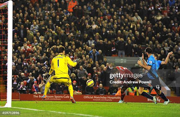 Glen Johnson of Liverpool scores to make it 1-0 during the Barclays Premier Leauge match between Liverpool and Stoke City at Anfield on November 29,...