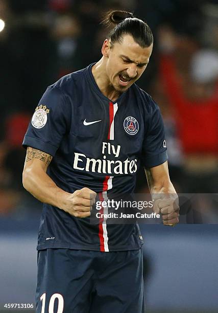 Zlatan Ibrahimovic of PSG celebrates scoring a goal during the French Ligue 1 match between Paris Saint-Germain FC and OGC Nice at Parc des Princes...