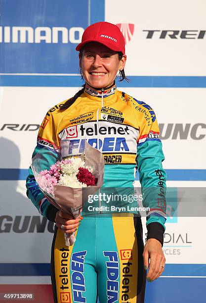 Nikki Harris of Great Britain finished 3rd in the Elite Womens' race at the UCI Cyclocross World Cup in Campbell Park on November 29, 2014 in Milton...