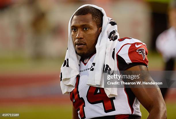 Jason Snelling of the Atlanta Falcons looks on while stretching during pre-game warm ups prior to playing the San Francisco 49ers at Candlestick Park...