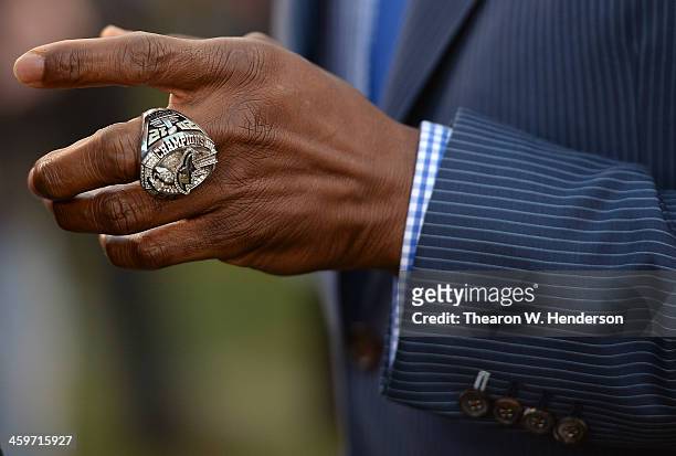 Detailed view of former Baltimore Ravens and now ESPN Analyst Ray Lewis Super Bowl Championship ring prior to the start of an NFL football game...