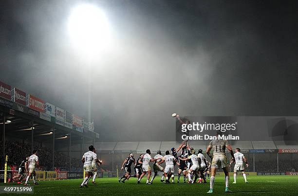 General view of the line out as fog descends over Sandy Park during the Aviva Premiership match between Exeter Chiefs and Saracens at Sandy Park on...