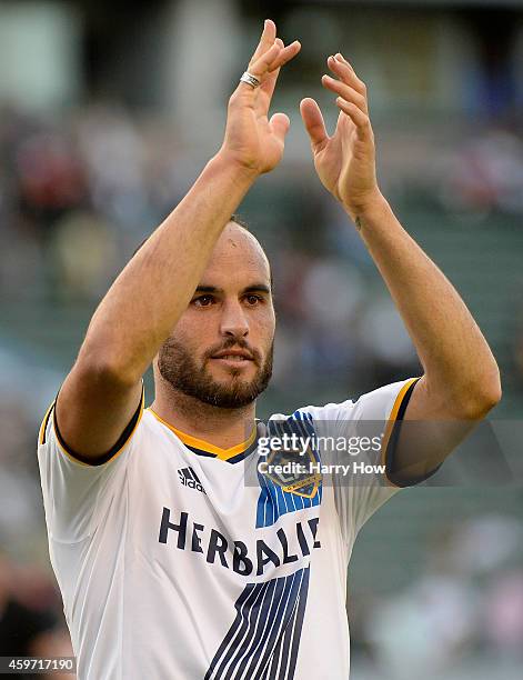 Landon Donovan of Los Angeles Galaxy reacts after a 2-1 Galaxy win over the Seattle Sounders FC during the Western Conference Final at StubHub Center...