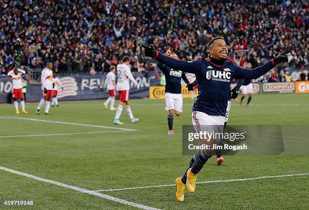 Charlie Davies of the New England Revolution celebrates his goal in the first half against New York Red Bulls during Leg 2 of the MLS Eastern...