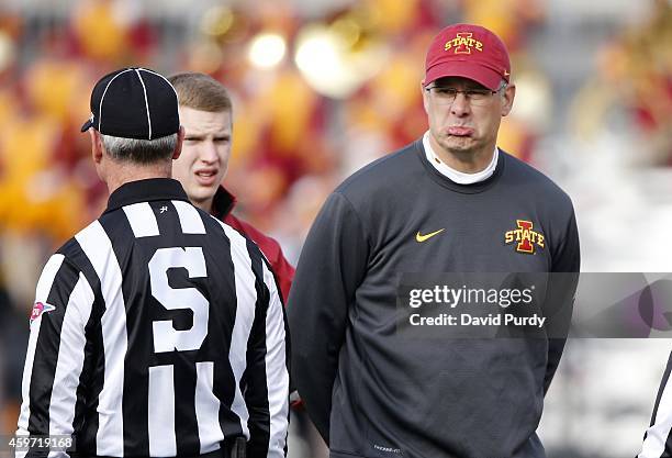 Head coach Paul Rhoads of the Iowa State Cyclones reacts to a call in the second half of play against the West Virginia Mountaineers at Jack Trice...