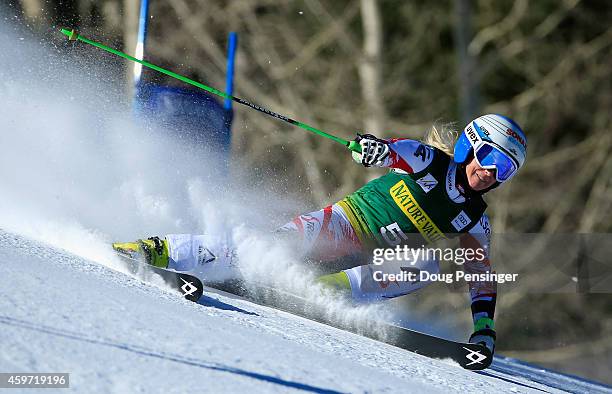 Eva-Marie Brem of Austria skis to first place in the the ladies giant slalom during the 2014 Audi FIS Ski World Cup at the Nature Valley Aspen...