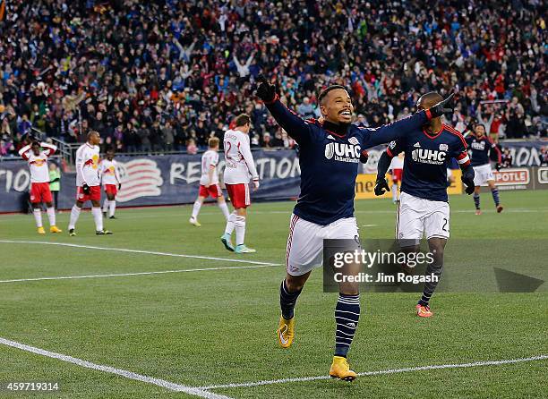 Charlie Davies of the New England Revolution celebrates his goal in the first half against New York Red Bulls during Leg 2 of the MLS Eastern...