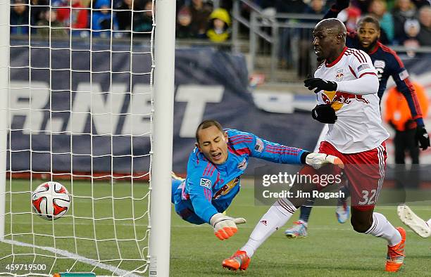 Luis Robles of New York Red Bulls allows a goal by Charlie Davies of the New England Revolution in the first half against New York Red Bulls during...