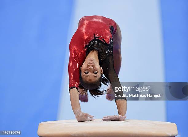 Jessica Lopez of Venezuela performs her vault routine in the Women's All-Around Competition during the EnBW Gymnastics Worldcup 2014 at the Porsche...