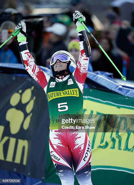 Eva-Maria Brem of Austria celebrates after winning the ladies' giants slalom during the 2014 Audi FIS Ski World Cup at the Nature Valley Aspen...