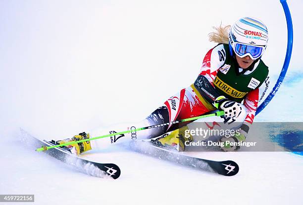 Eva-Marie Brem of Austria skis to first place in the the ladies giant slalom during the 2014 Audi FIS Ski World Cup at the Nature Valley Aspen...