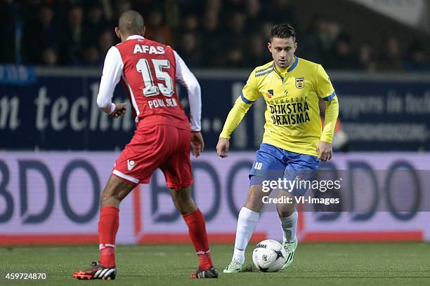 Simon Poulsen of AZ, Dejan Meleg of Cambuur Leeuwarden during the Dutch Eredivisie match between SC Cambuur Leeuwarden and AZ Alkmaar at the Cambuur...