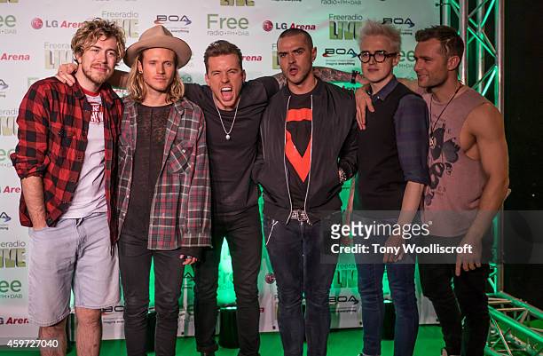 James Bourne, Dougie Poynter, Danny Jones, Matt Willis and Tom Fletcher and Harry Judd of McBusted performs at Free Radio Live 2014 at LG Arena on...