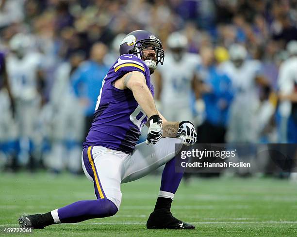 Jared Allen of the Minnesota Vikings celebrates a sack against the Detroit Lions during the first quarter of the game on December 29, 2013 at Mall of...