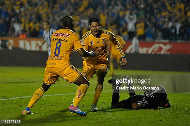 Hugo Ayala of Tigres celebrates after scoring the tying goal during a quarterfinal second leg match between Tigres UANL and Pachuca as part of the...