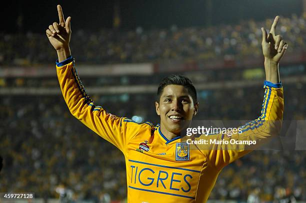 Hugo Ayala of Tigres celebrates after scoring the tying goal during a quarterfinal second leg match between Tigres UANL and Pachuca as part of the...
