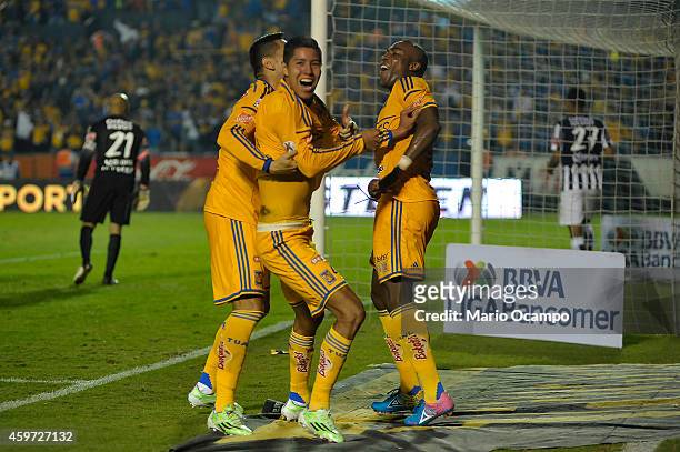 Hugo Ayala of Tigres celebrates after scoring the tying goal during a quarterfinal second leg match between Tigres UANL and Pachuca as part of the...