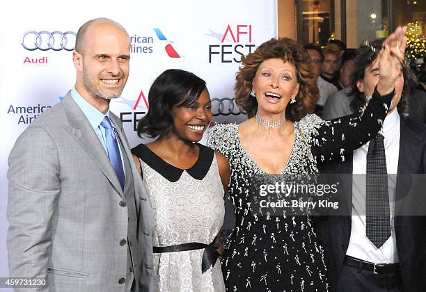 Director/actor Edoardo Ponti, festival director Jacqueline Lyanda and actress Sophia Loren arrive at AFI FEST 2014 Presented By Audi - A Special...