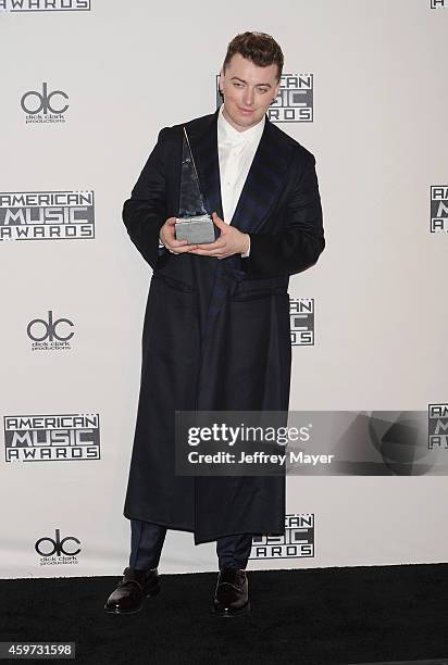 Singer Sam Smith poses in the press room at the 2014 American Music Awards at Nokia Theatre L.A. Live on November 23, 2014 in Los Angeles, California.