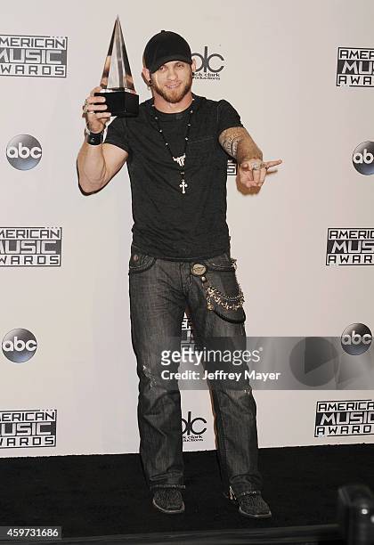 Musician/singer Brantley Gilbert poses in the press room at the 2014 American Music Awards at Nokia Theatre L.A. Live on November 23, 2014 in Los...
