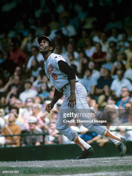 Outfielder Paul Blair of the Baltimore Orioles flies out to centerfield during a game on July 4, 1969 against the Detroit Tigers at Tiger Stadium in...