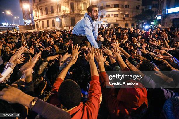 Hundreds of Egyptian people protest the court verdict, dropping charges against former Egyptian president Hosni Mubarak that he incited the killing...