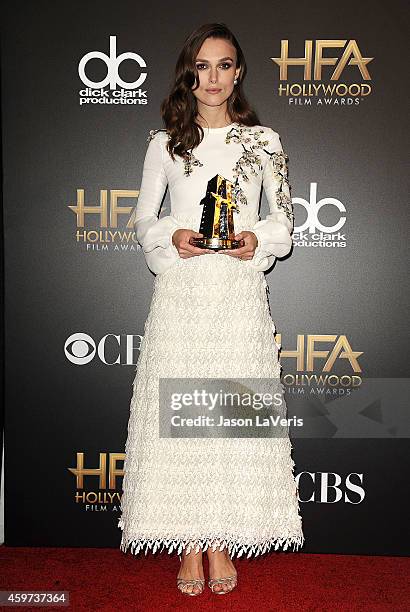 Actress Keira Knightley poses in the press room at the 18th annual Hollywood Film Awards at Hollywood Palladium on November 14, 2014 in Hollywood,...