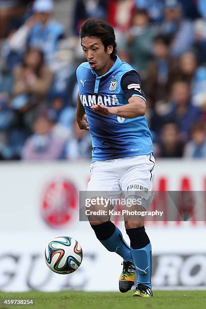 Hiroto Tanaka of Jubilo Iwata in action during the J1 Promotion Play-off semi-final match between Jubilo Iwata and Montedio Yamagata at Yamaha...