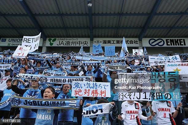 Jubilo Iwata supporters cheer prior to the J1 Promotion Play-off semi-final match between Jubilo Iwata and Montedio Yamagata at Yamaha Stadium on...