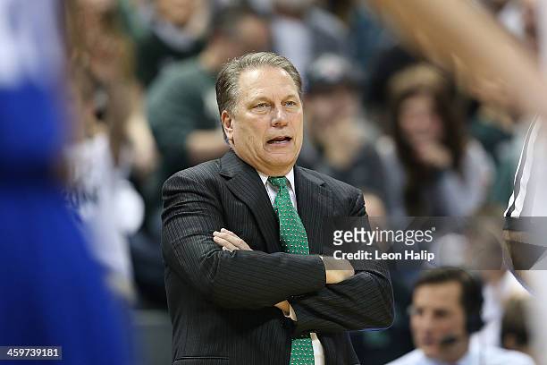 Michigan State Spartans head basketball coach Tom Izzo reacts to a call during the second half of the game against the New Orleans Privateers at the...
