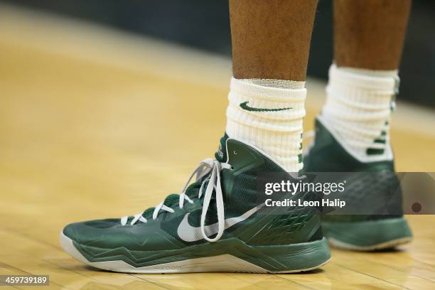 Detailed view of the basketball shoes worn by a member of the Michigan State Spartans during the second half of the game against the New Orleans...