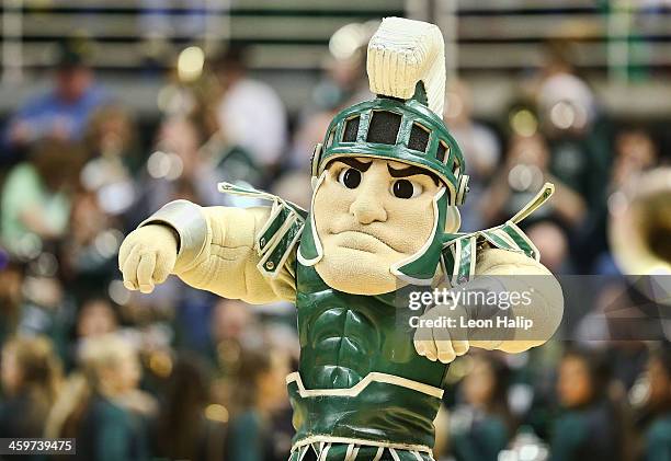 Michigan State Spartans Mascot "Sparty" entertains the fans during the game against the New Orleans Privateers at the Breslin Center on December 28,...