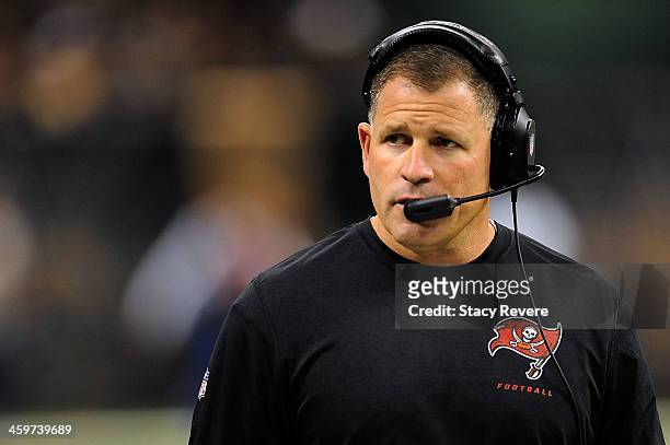 Head coach Greg Schiano of the Tampa Bay Buccaneers watches action during a game against the New Orleans Saints at the Mercedes-Benz Superdome on...