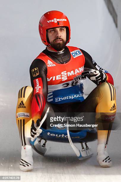 Andi Langenhan of Germany after taking the third place at the Viessmann Luge World Cup at Olympiabobbahn Igls on November 30, 2014 in Innsbruck,...