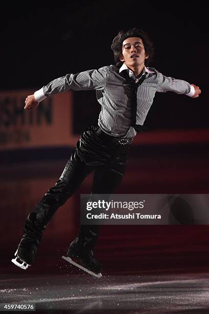 Takahito Mura of Japan performs his routine in the exhibition during day three of ISU Grand Prix of Figure Skating 2014/2015 NHK Trophy at the...