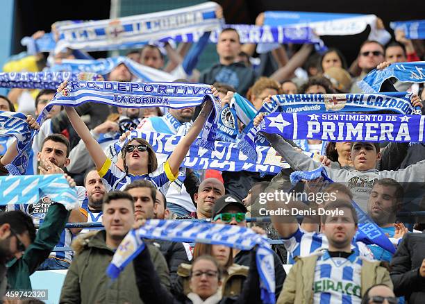 Deportivo La Coruna fans cheers their team during the La Liga match between Club Atletico de Madrid and RC Deportivo La Coruna at Vicente Calderon...